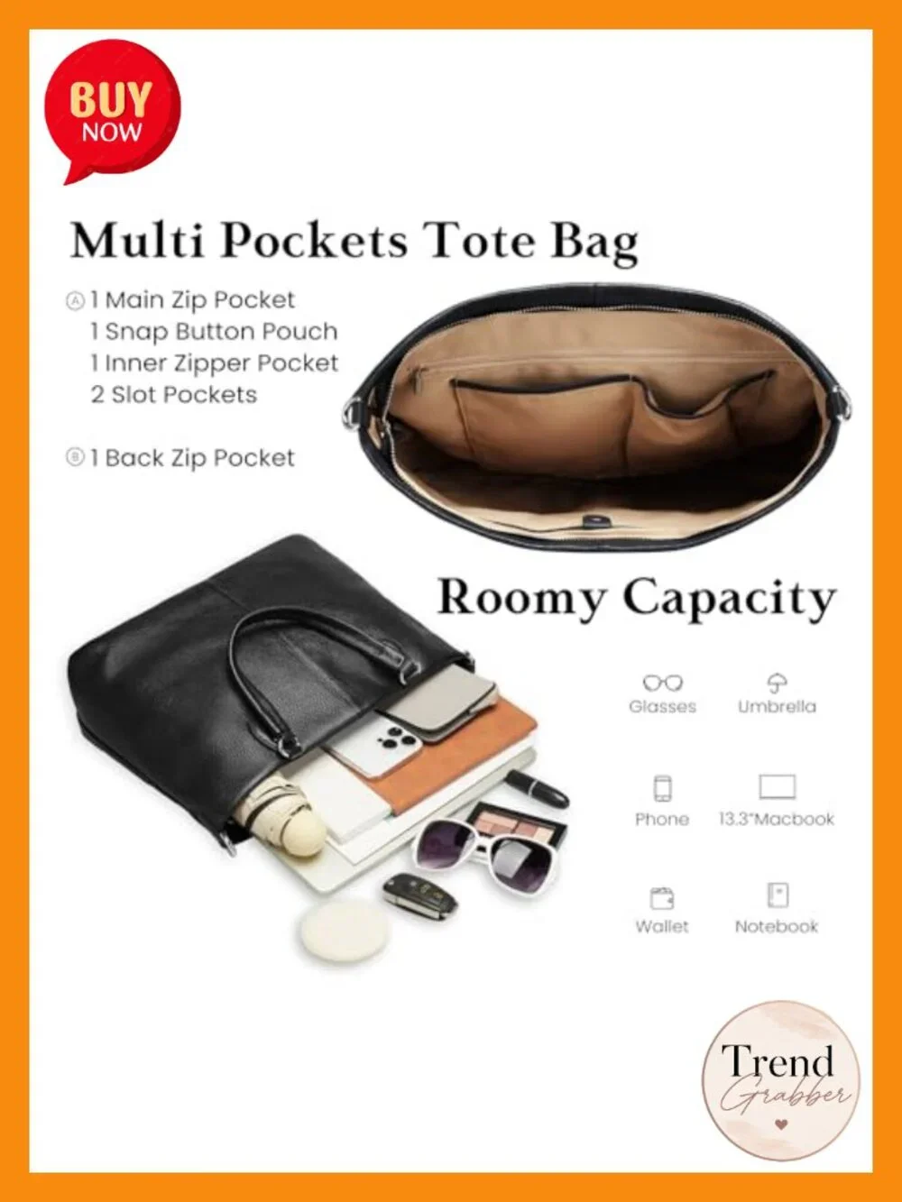 Genuine Leather Tote Bag with Zipper, Shoulder & Crossbody Strap